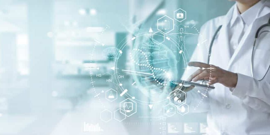 Medicine doctor touching electronic medical record on tablet. DN Medicine doctor touching electronic medical record on tablet. DNA. Digital healthcare and network connection on hologram modern virtual screen interface, medical technology and futuristic concept.