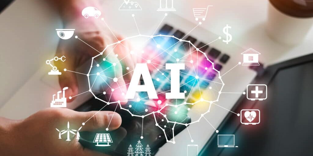 AI and IoT concepts of business, businessman working on a laptop AI and IoT concepts of business, businessman working on a laptop computer for artificial intelligence polygon brain with icons of smart city Internet of Things, AI concept and IoT business.