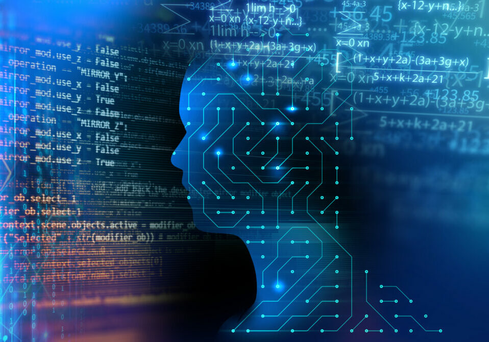 silhouette of virtual human and programming technology silhouette of virtual human and nebula cosmos 3d illustration , represent scientific concept of brain
creativity and artificial intelligence.