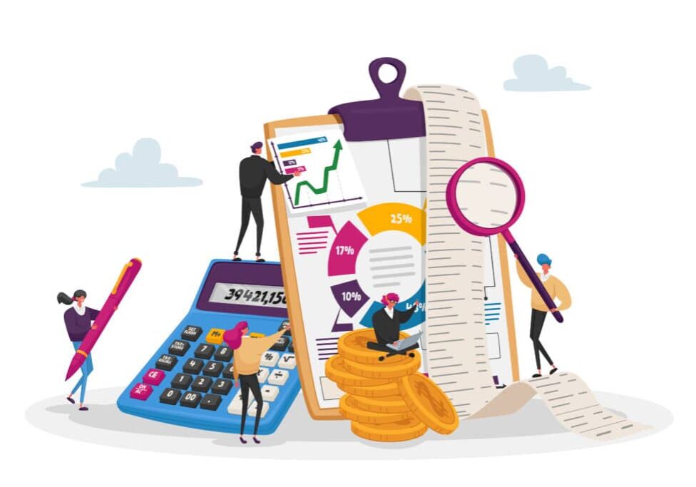 Accounting, Financial, Banking Data. Tiny Accountant Characters around of Huge Clip Board Filling Bookkeeping Charts Organizing Accounting, Financial, Banking Data. Tiny Accountant Characters around of Huge Clip Board Filling Bookkeeping Graphs and Charts Counting Debit and Credit. Cartoon People Vector Illustration
