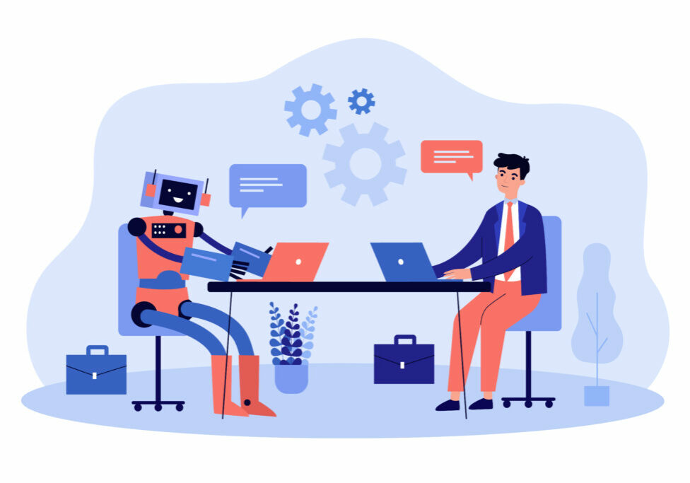 Robot and man working at computers together Robot and business man working at computers together vector illustration. Digital technology of future, automation, efficiency of artificial intelligence, workforce concept for banner, landing page