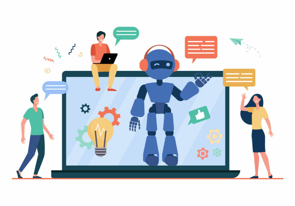 Happy people talking to chatbot on laptop vector illustration Happy people talking to chatbot on laptop vector illustration. AI virtual assistant on computer screen helping users and replying to messages. Online customer support, artificial intelligence concept